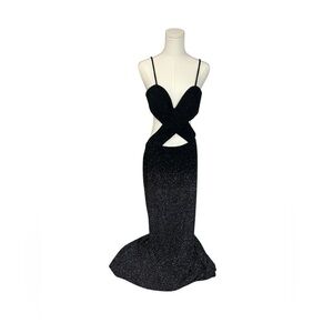 Vintage Cache Maxi Evening Dress Cut Outs Glitter Ombré Black Silver Sz 12